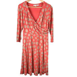 Boden Polka Dot Dress Faux Wrap Coral Tan 10P